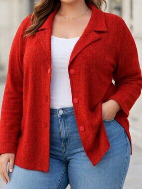 Sarah Bentley Textured Knit Collared Red Cardigan Sweater XL Cozy Parisian Chic